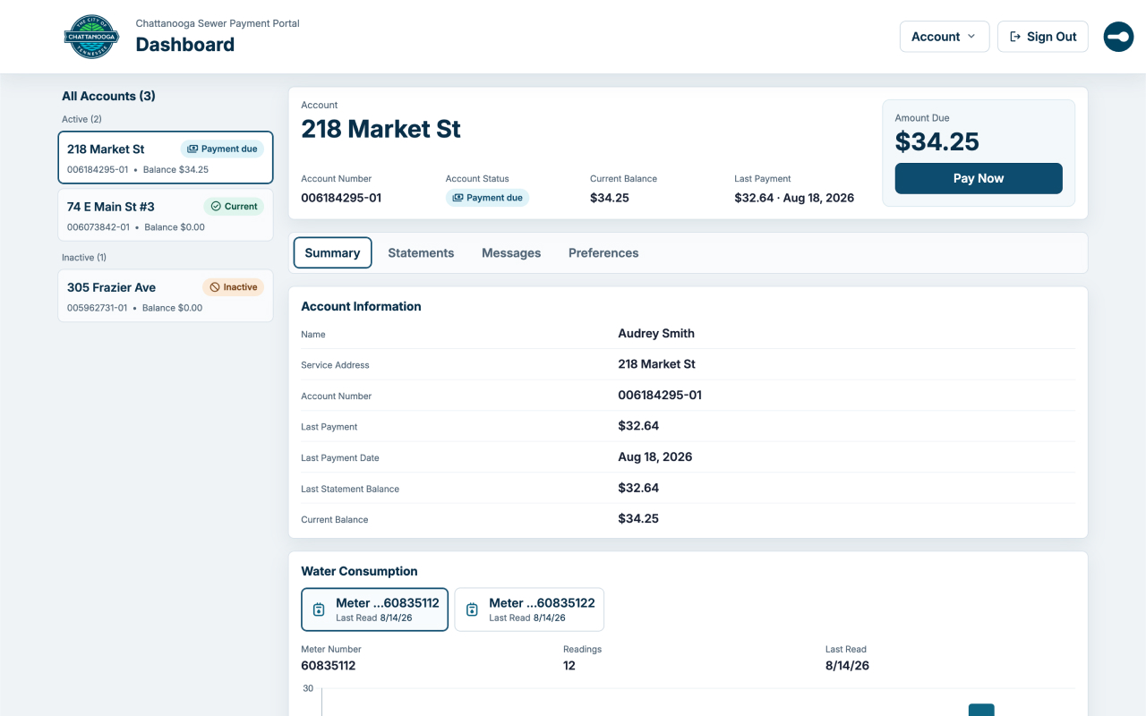 Sewer portal account dashboard with Chatt Sewer UI