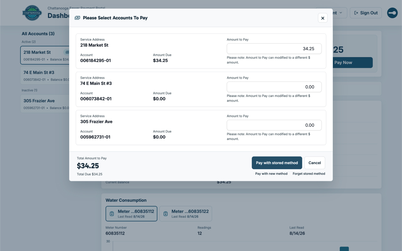 Sewer portal payment dialog with Chatt Sewer UI